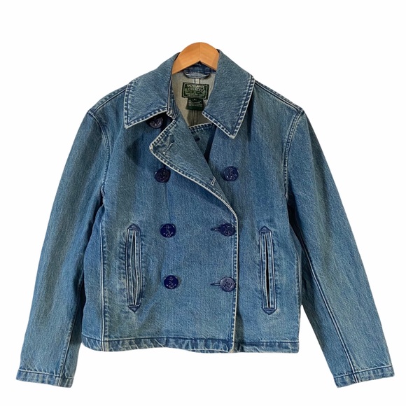 Ralph Lauren Country Vintage Denim Pea Coat Nautical Jean Jacket Womens Small